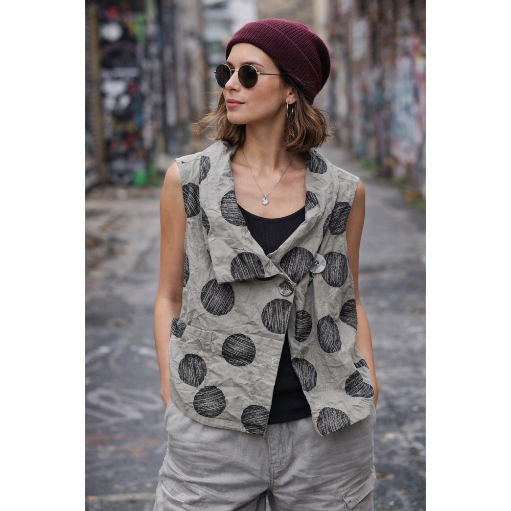 Chalet et Ceci Button Top Vest M Layered Tank Olive Polka Dot Crinkle Artsy